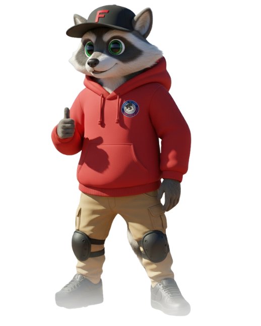 The Freon & Beyond Raccoon Mascot, Freon Freddie, ready to service your HVAC needs.