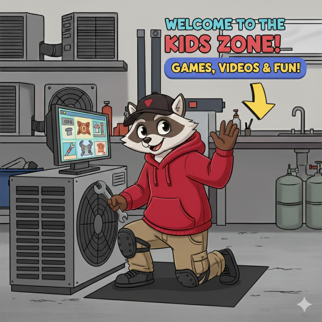 Freddie the Ringtail mascot in a workshop with 'Welcome to the Kids Zone!' text.